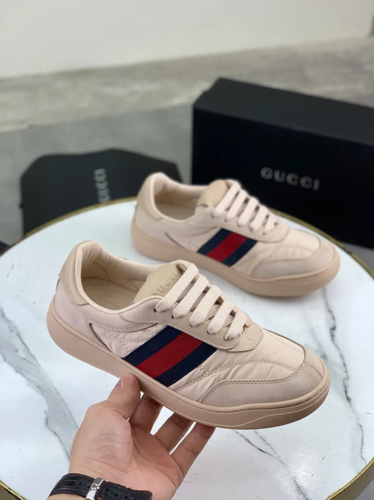 Gucci Beige Navy Quilted Leather Upper Web Stripe Side Panel Lifestyle Sneakers 5