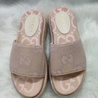 Gucci Beige Pink GG Monogram Jacquard Platform Sole Slippers