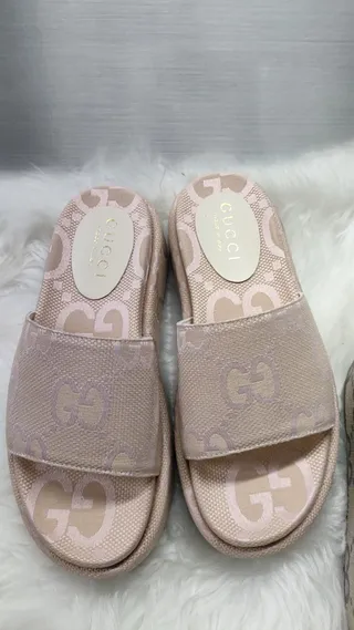 Gucci Beige Pink GG Monogram Jacquard Platform Sole Slippers 2