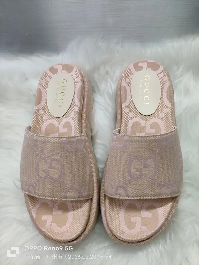 Gucci Beige Pink GG Monogram Jacquard Platform Sole Slippers 4