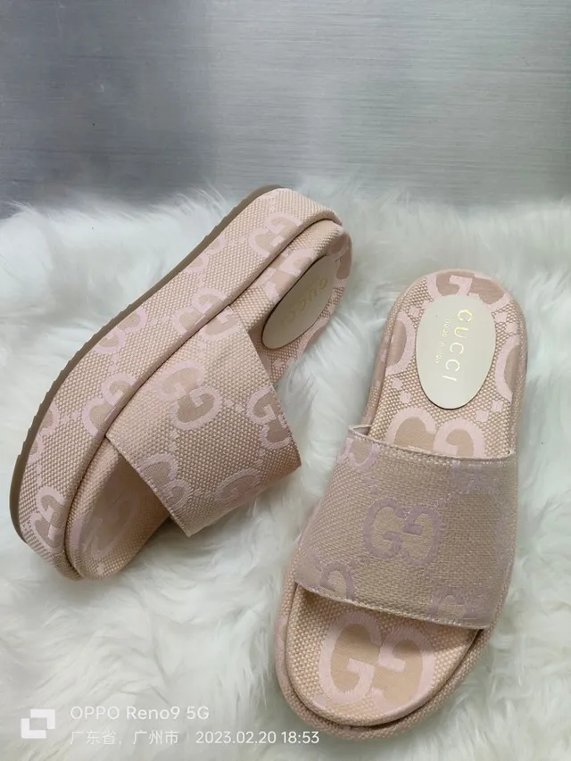 Gucci Beige Pink GG Monogram Jacquard Platform Sole Slippers 8