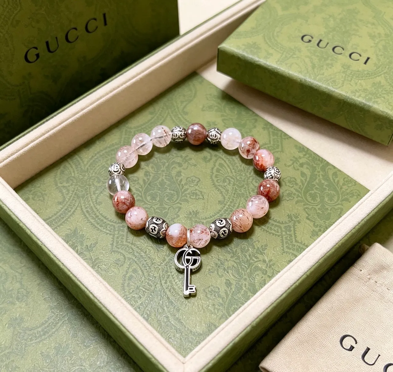 Gucci Beige Silver Beaded Stretch Bracelet 2