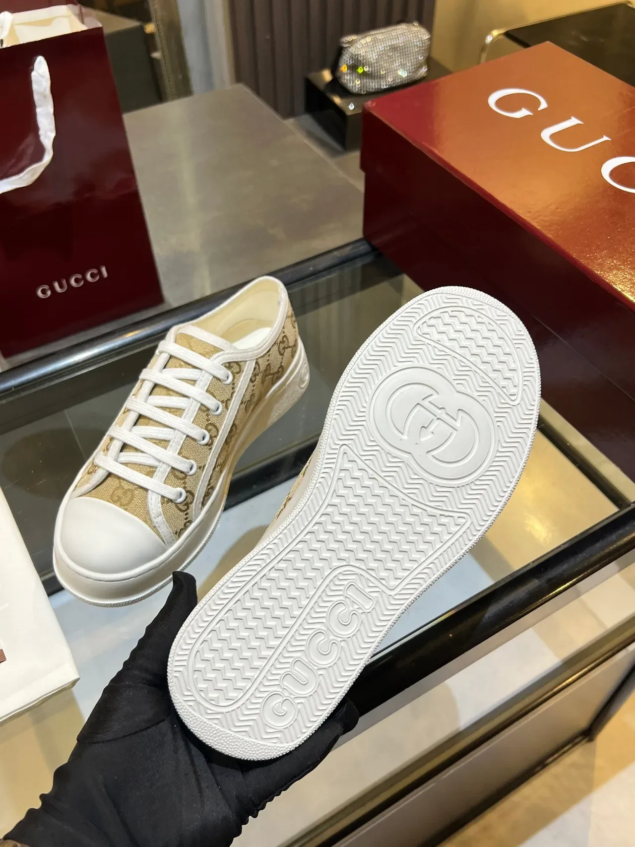 Gucci Beige White GG Monogram Canvas Platform Sole Sneakers 2