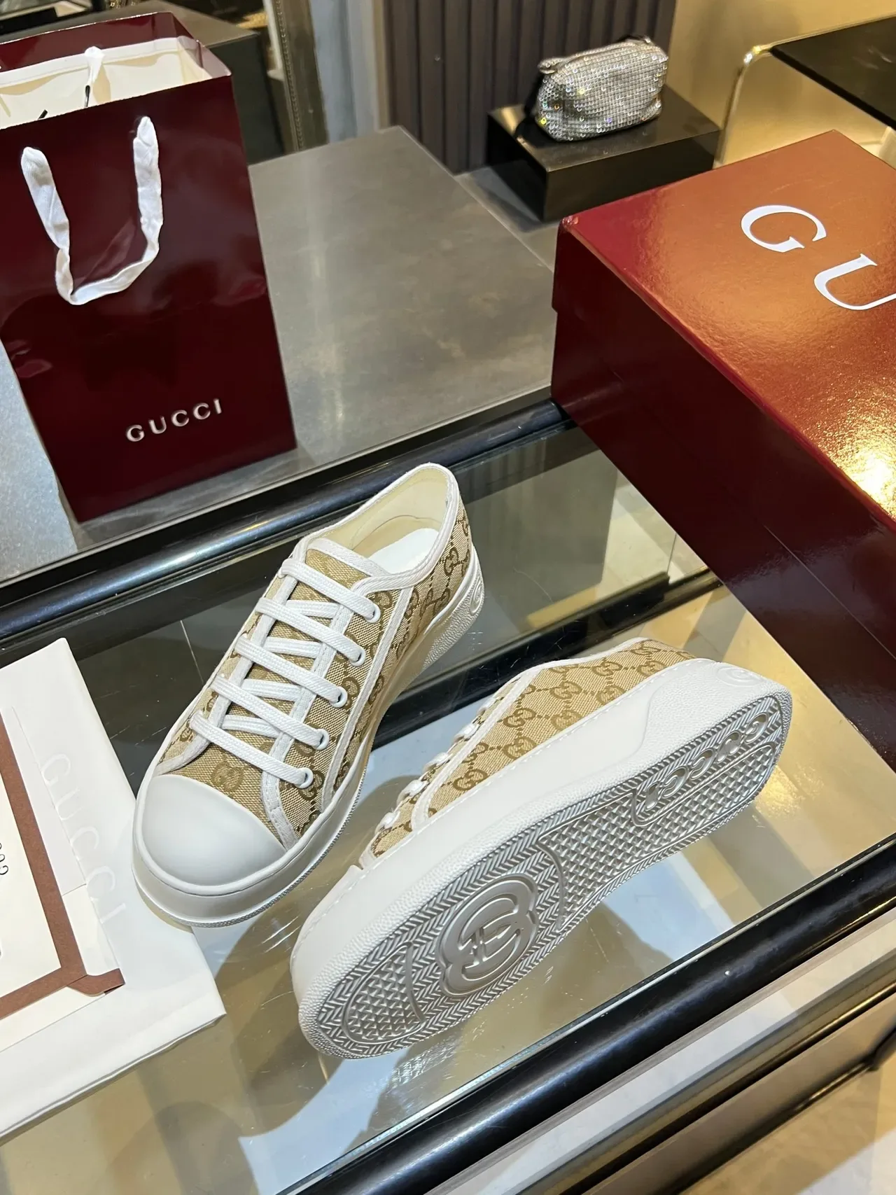 Gucci Beige White GG Monogram Canvas Platform Sole Sneakers 3