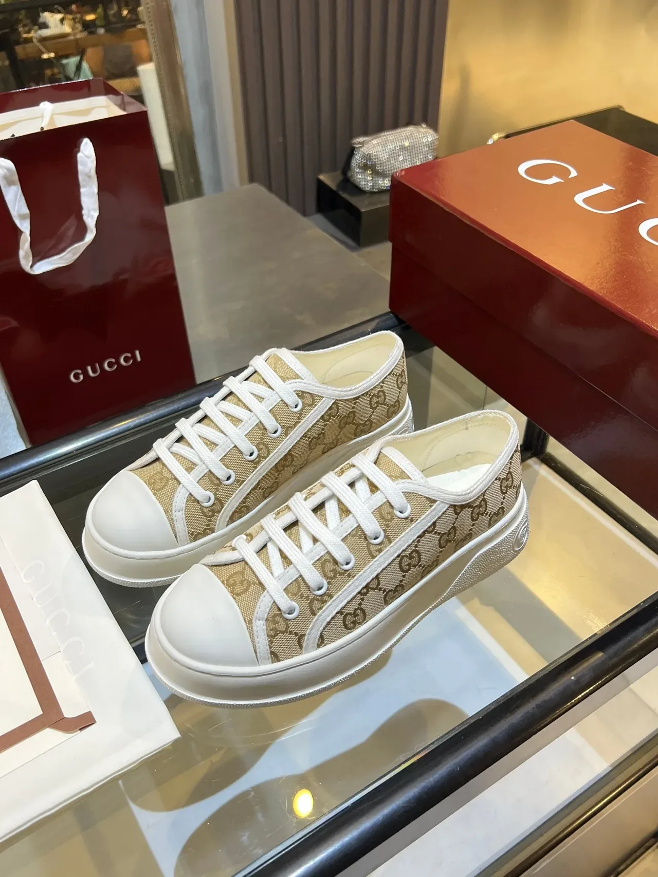 Gucci Beige White GG Monogram Canvas Platform Sole Sneakers 4
