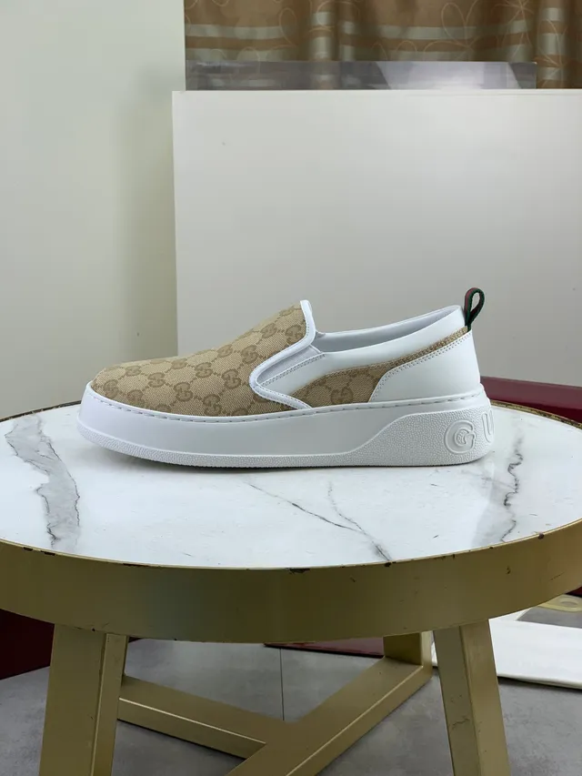 Gucci Beige White GG Monogram Canvas Rubber Platform Sole Loafer 5