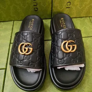 Gucci Black Gold Embossed GG Monogram Interlocking G Hardware Slippers