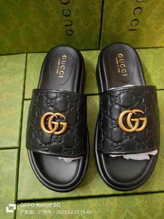 Gucci Black Gold Embossed GG Monogram Interlocking G Hardware Slippers 2