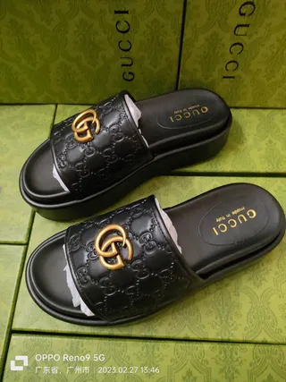 Gucci Black Gold Embossed GG Monogram Interlocking G Hardware Slippers 3