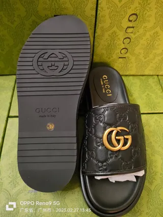 Gucci Black Gold Embossed GG Monogram Interlocking G Hardware Slippers 4