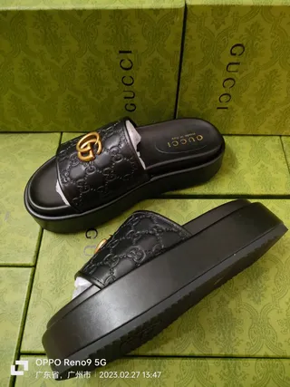 Gucci Black Gold Embossed GG Monogram Interlocking G Hardware Slippers 5