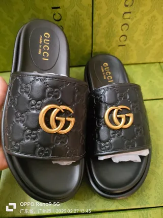 Gucci Black Gold Embossed GG Monogram Interlocking G Hardware Slippers 6