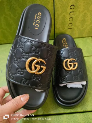 Gucci Black Gold Embossed GG Monogram Interlocking G Hardware Slippers 7