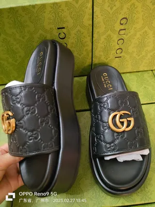 Gucci Black Gold Embossed GG Monogram Interlocking G Hardware Slippers 8