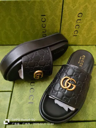 Gucci Black Gold Embossed GG Monogram Interlocking G Hardware Slippers 9