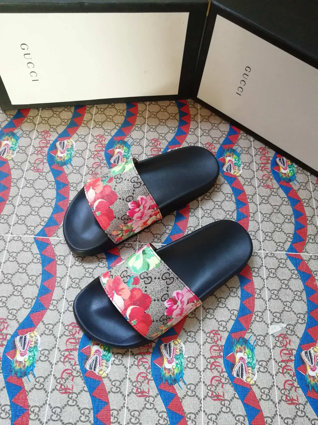 Gucci Black Multicolor Single-Strap Slide GG Monogram Canvas Slippers 1