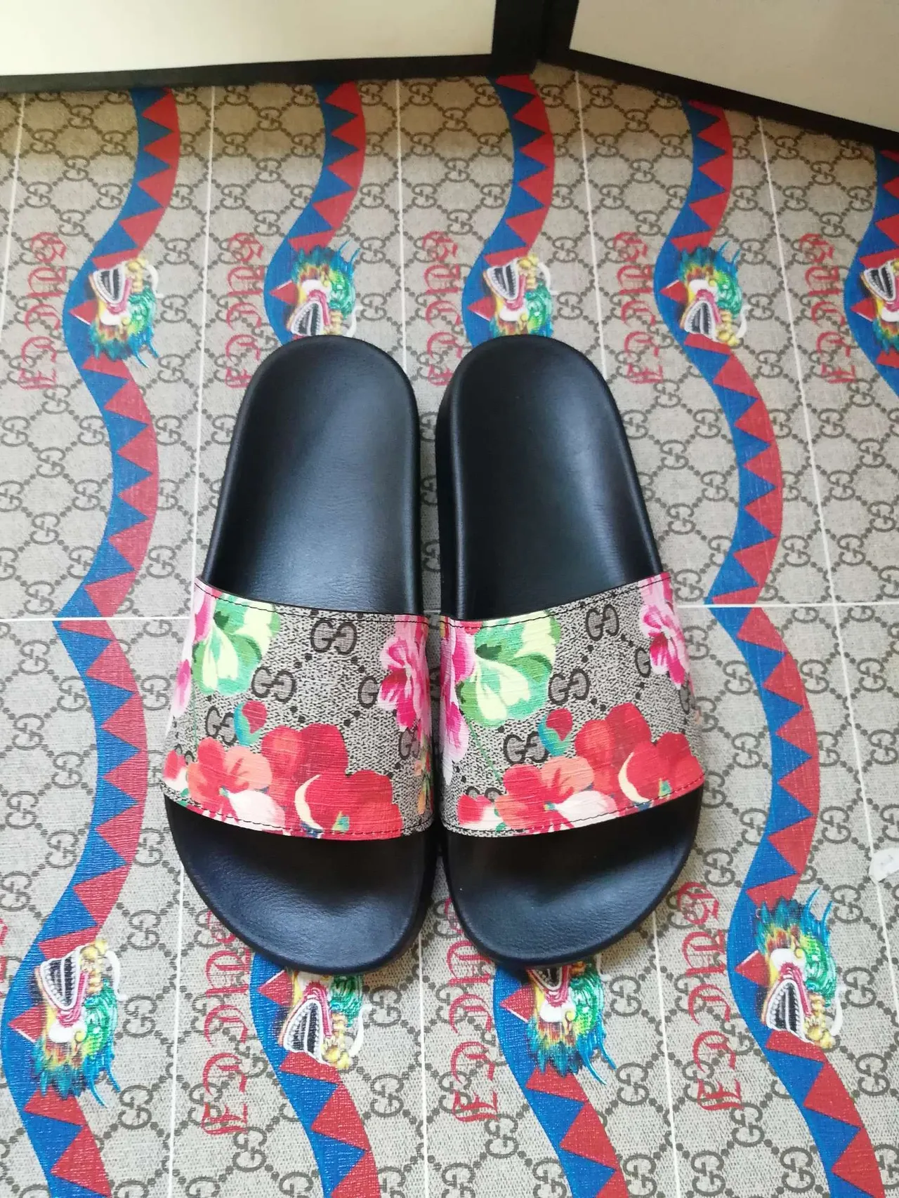 Gucci Black Multicolor Single-Strap Slide GG Monogram Canvas Slippers 2