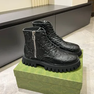 Gucci Black Silver GG-Embossed Leather Side Zipper Ankle Boots