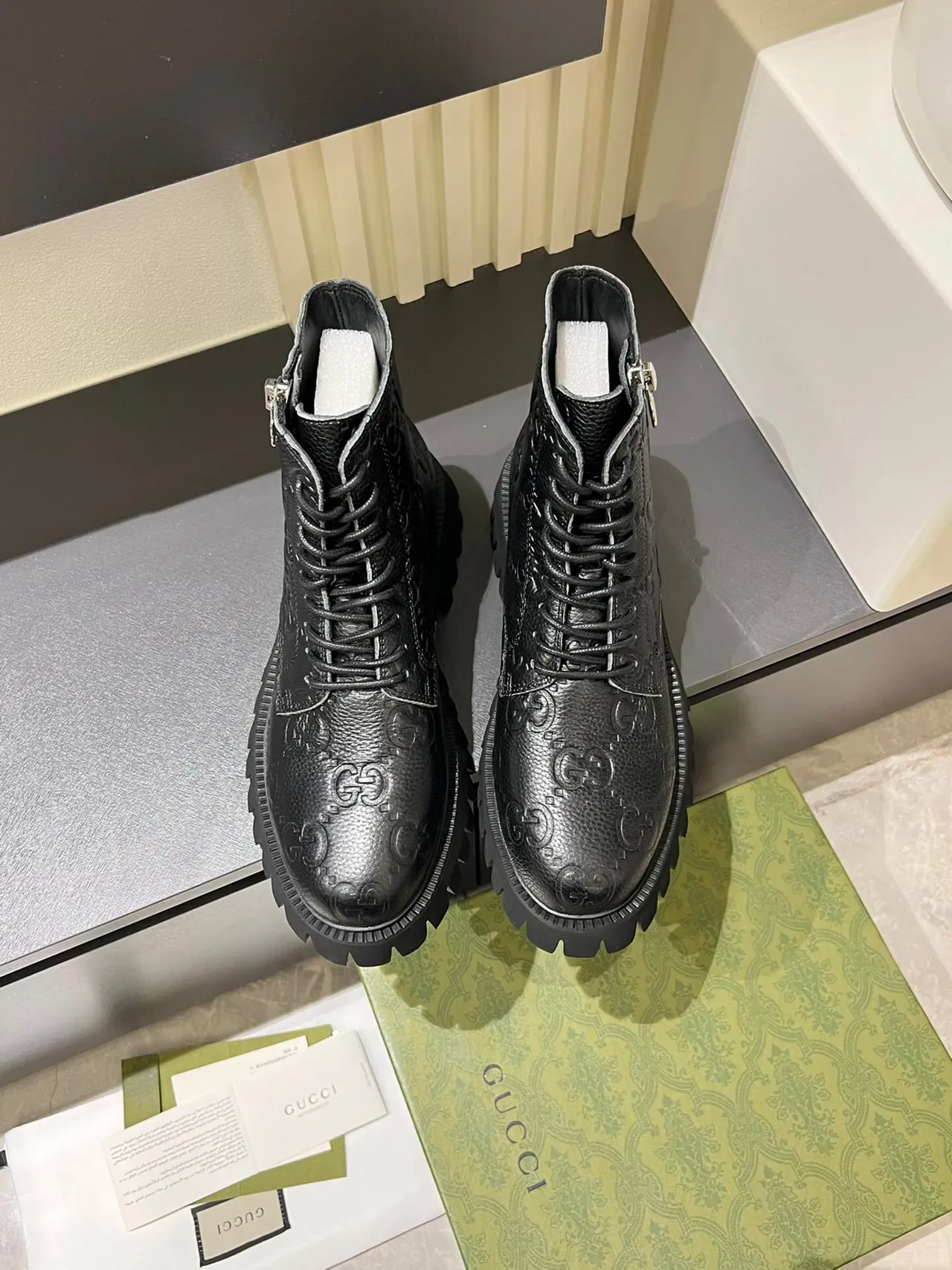 Gucci Black Silver GG-Embossed Leather Side Zipper Ankle Boots 2