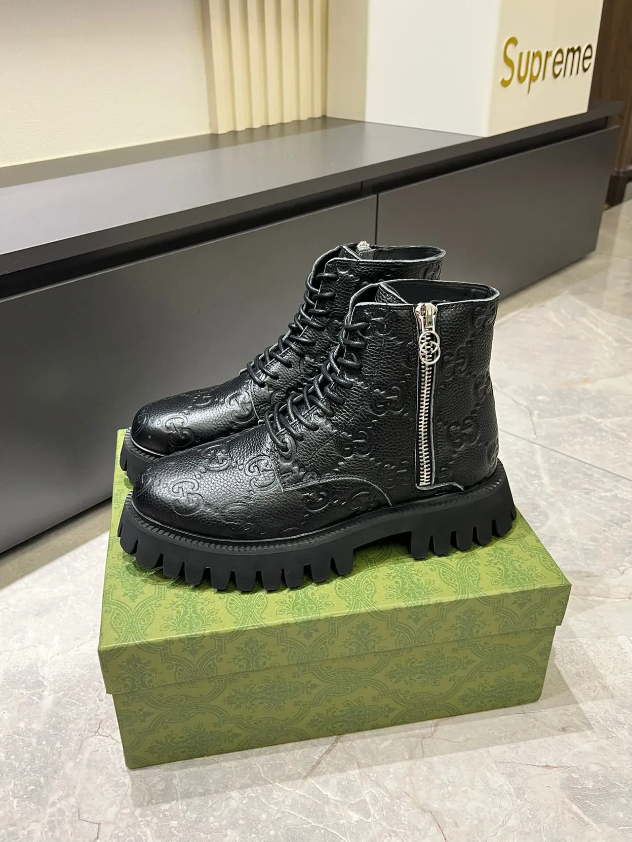 Gucci Black Silver GG-Embossed Leather Side Zipper Ankle Boots 3
