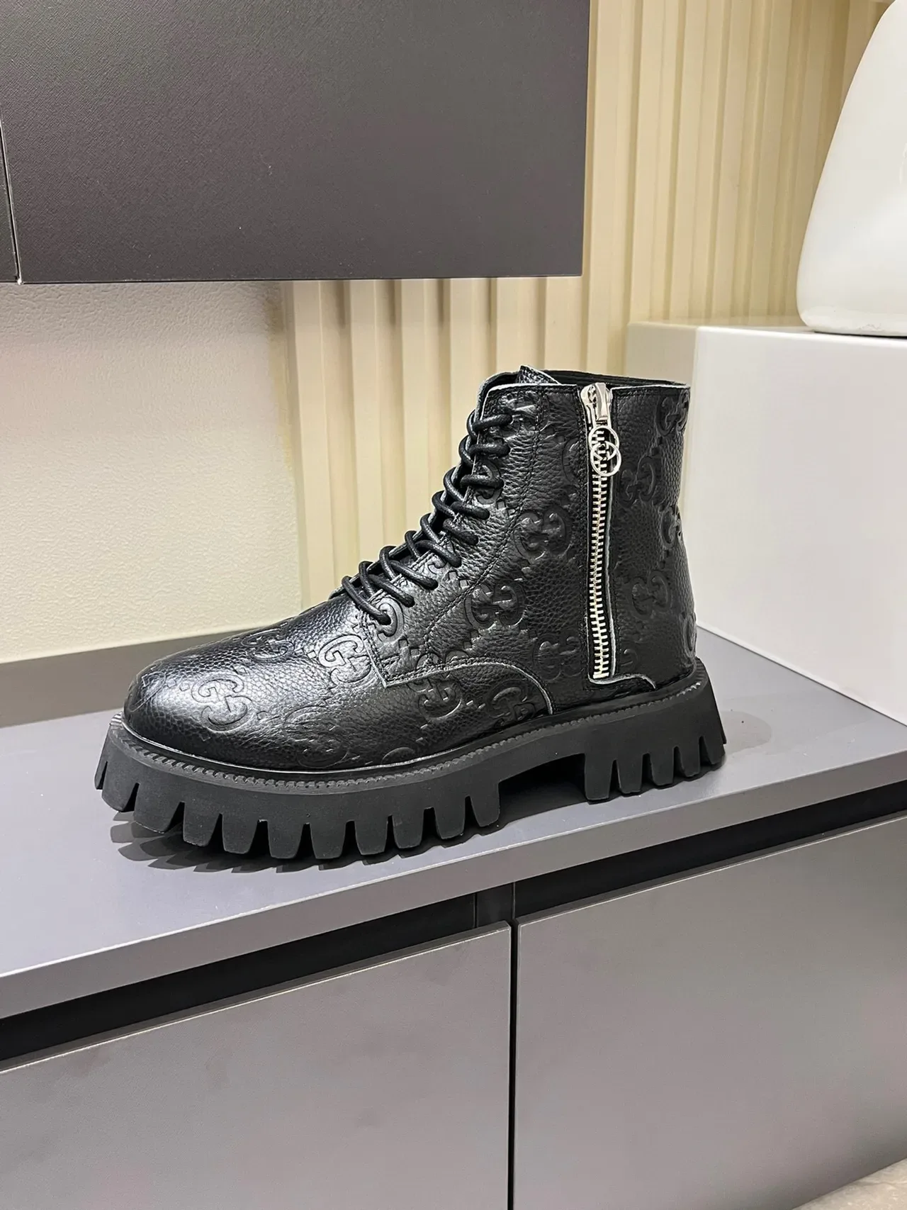 Gucci Black Silver GG-Embossed Leather Side Zipper Ankle Boots 4
