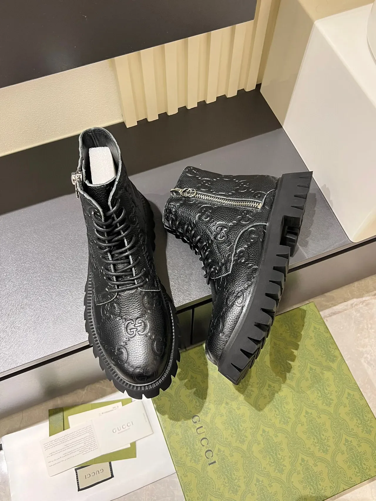 Gucci Black Silver GG-Embossed Leather Side Zipper Ankle Boots 5