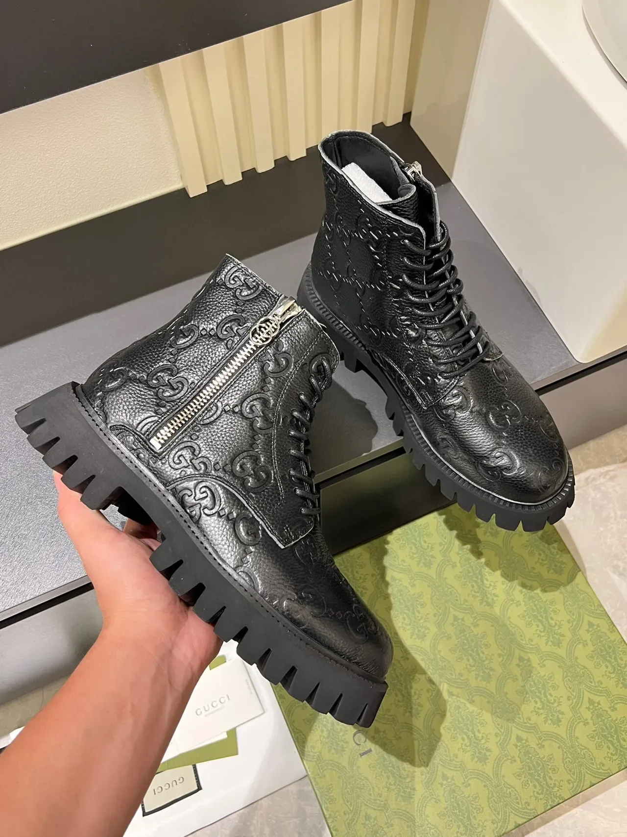 Gucci Black Silver GG-Embossed Leather Side Zipper Ankle Boots 6