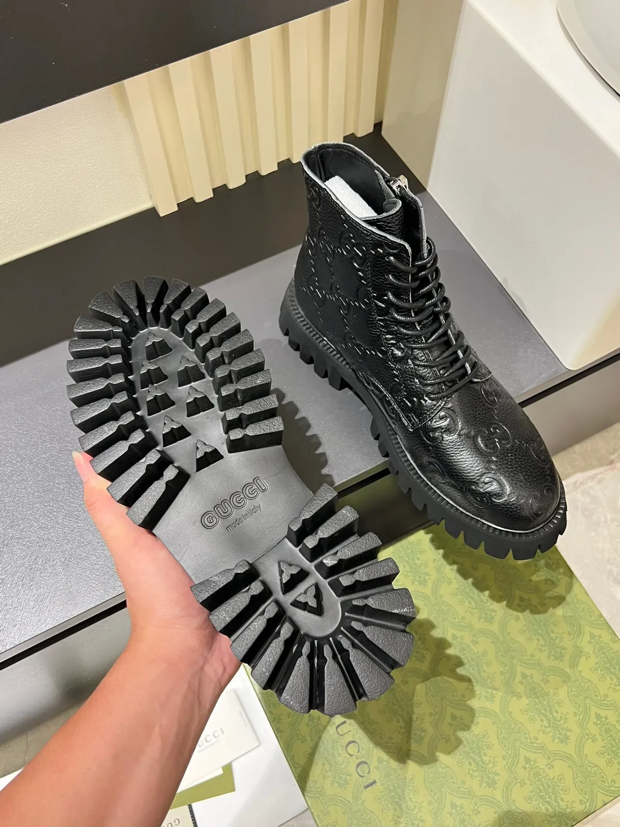 Gucci Black Silver GG-Embossed Leather Side Zipper Ankle Boots 7