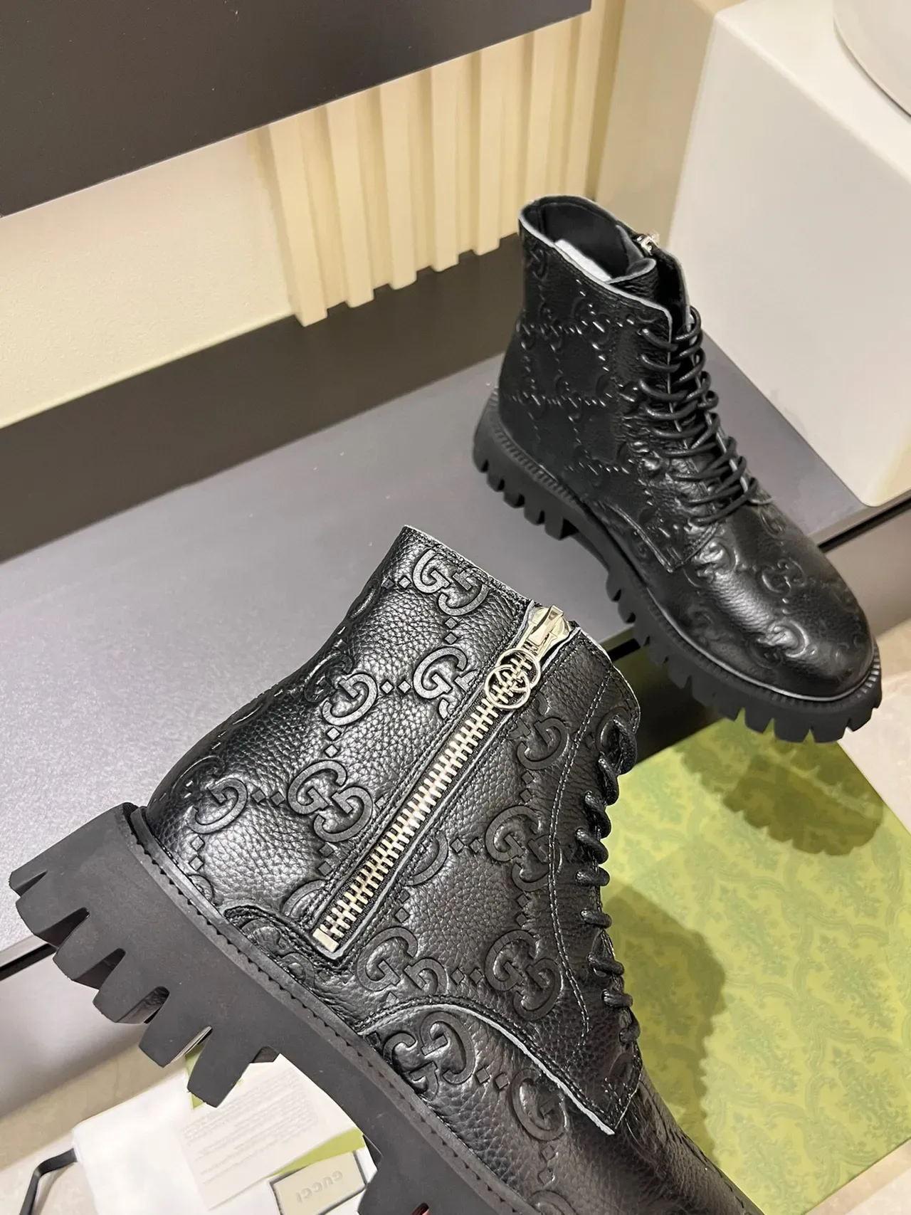 Gucci Black Silver GG-Embossed Leather Side Zipper Ankle Boots 8