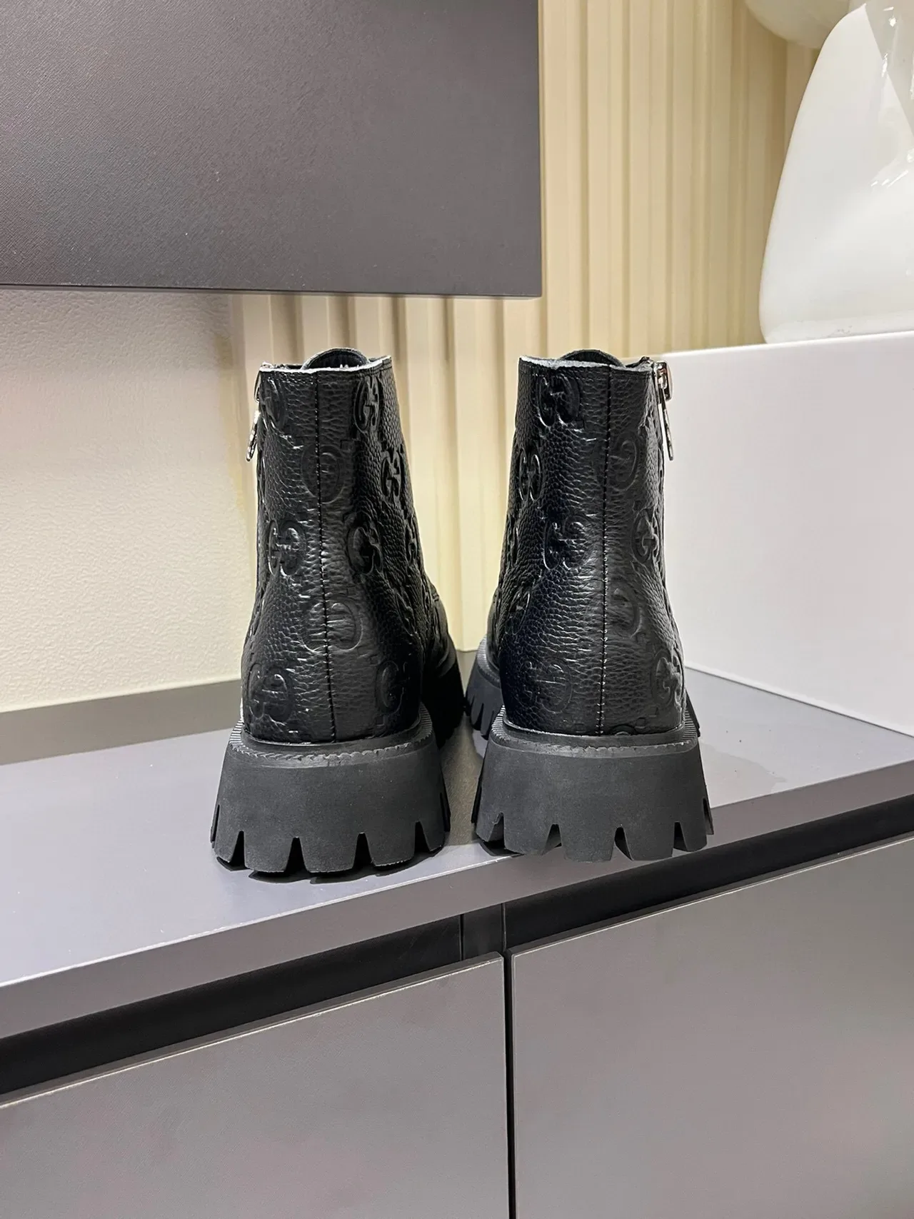 Gucci Black Silver GG-Embossed Leather Side Zipper Ankle Boots 9