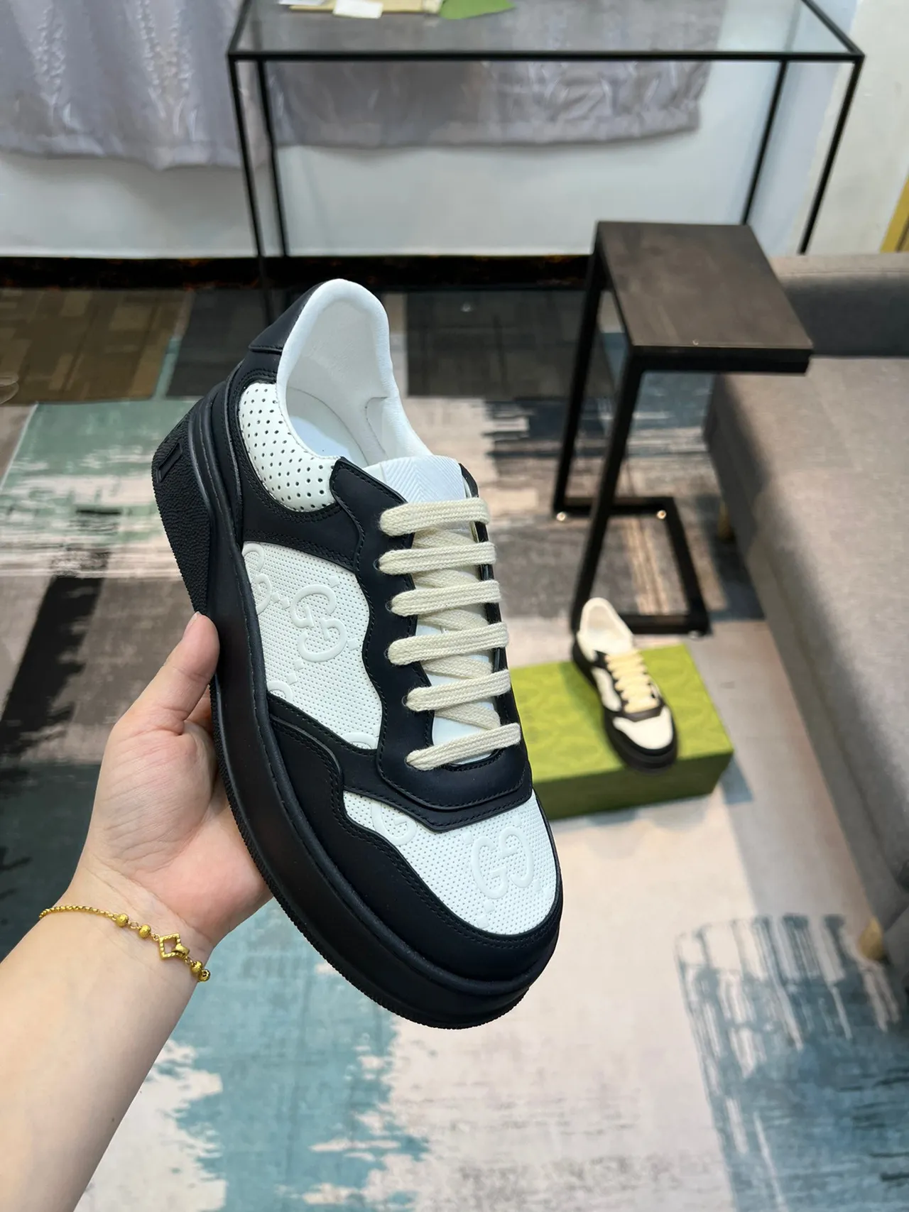 Gucci Black White Platform Sole Perforated G-Motif Panels Lifestyle Sneakers 7