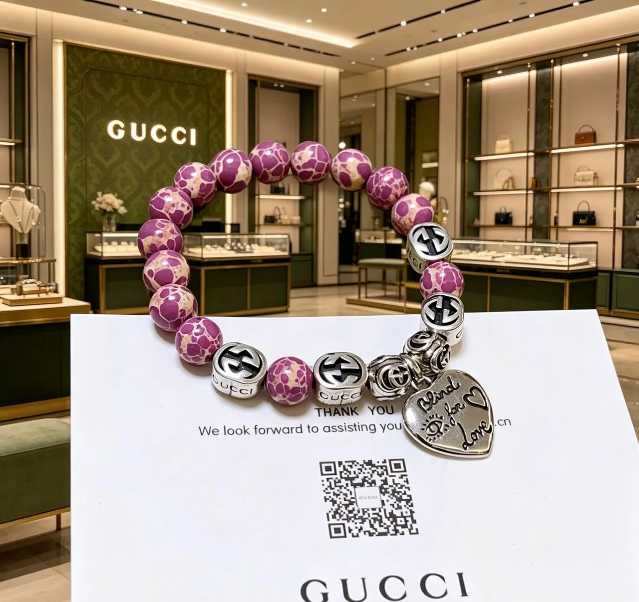 Gucci Blind for Love Purple Marbled Bead and Silver Charm Bracelet 2