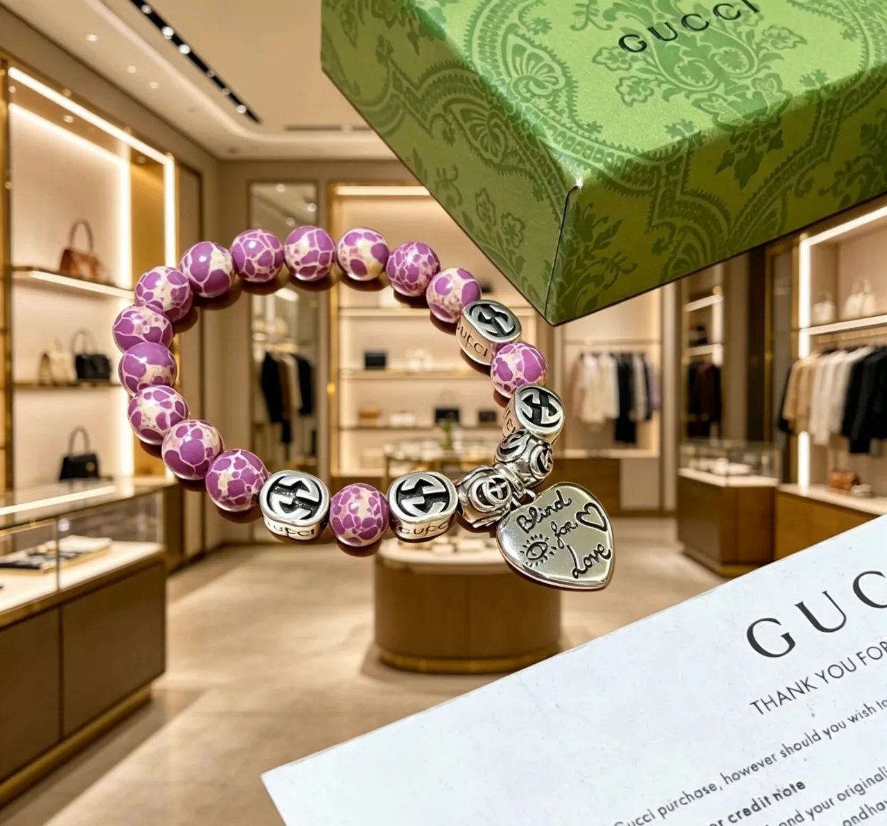 Gucci Blind for Love Purple Marbled Bead and Silver Charm Bracelet 6