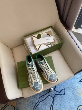 Gucci Blue Green High-Top GG Monogram Canvas Lifestyle Sneakers 2