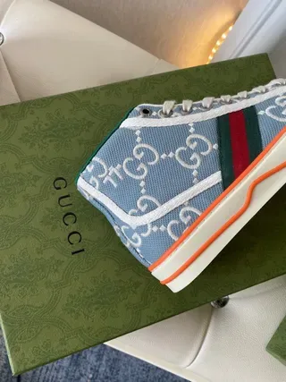 Gucci Blue Green High-Top GG Monogram Canvas Lifestyle Sneakers 4