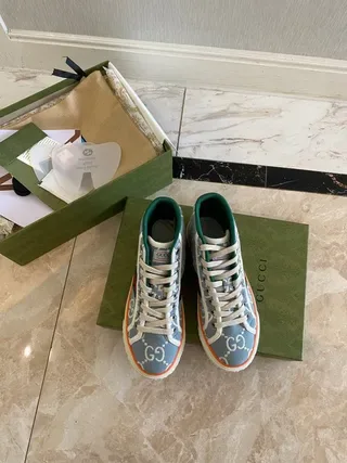 Gucci Blue Green High-Top GG Monogram Canvas Lifestyle Sneakers 8