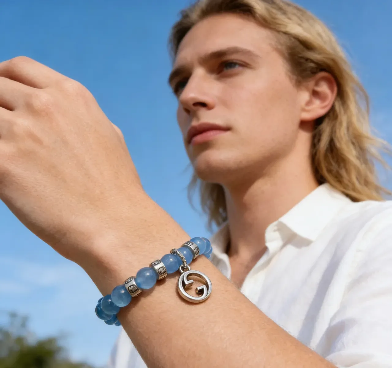 Gucci Blue Silver Beaded Interlocking G Pendant Bracelet 3