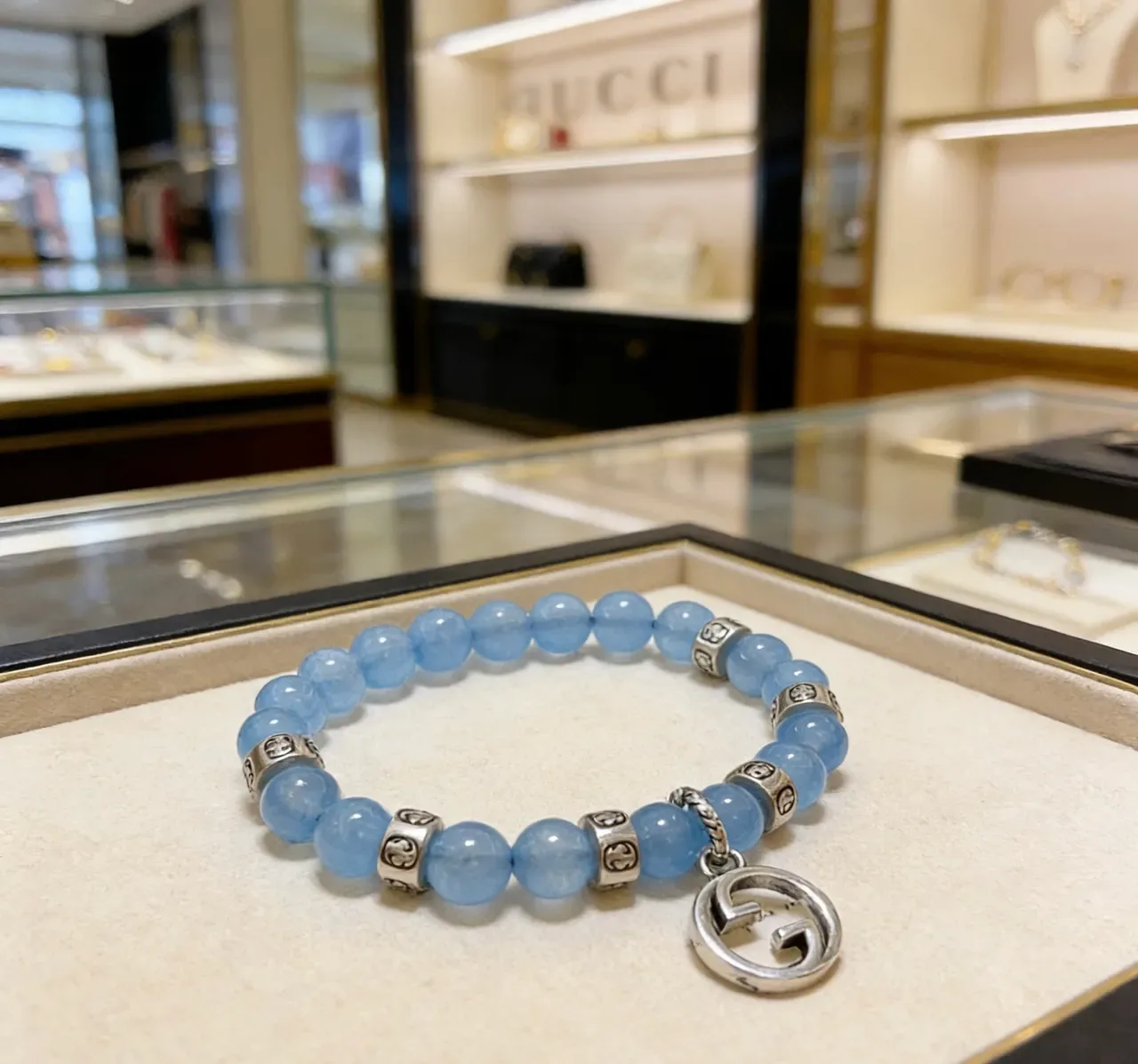 Gucci Blue Silver Beaded Interlocking G Pendant Bracelet 4