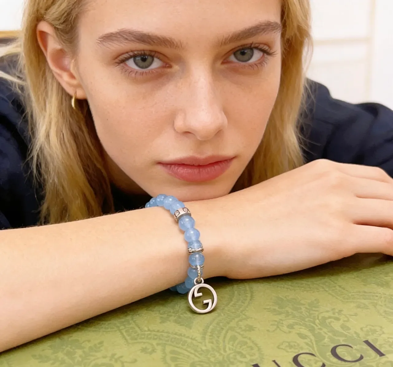 Gucci Blue Silver Beaded Interlocking G Pendant Bracelet 5