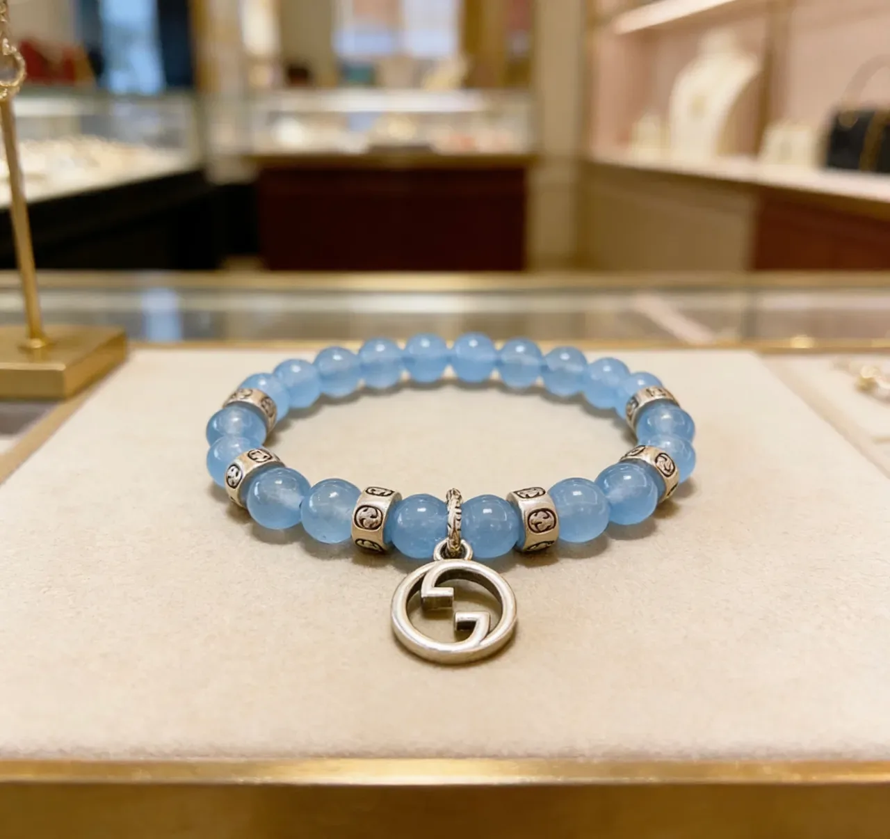 Gucci Blue Silver Beaded Interlocking G Pendant Bracelet 7