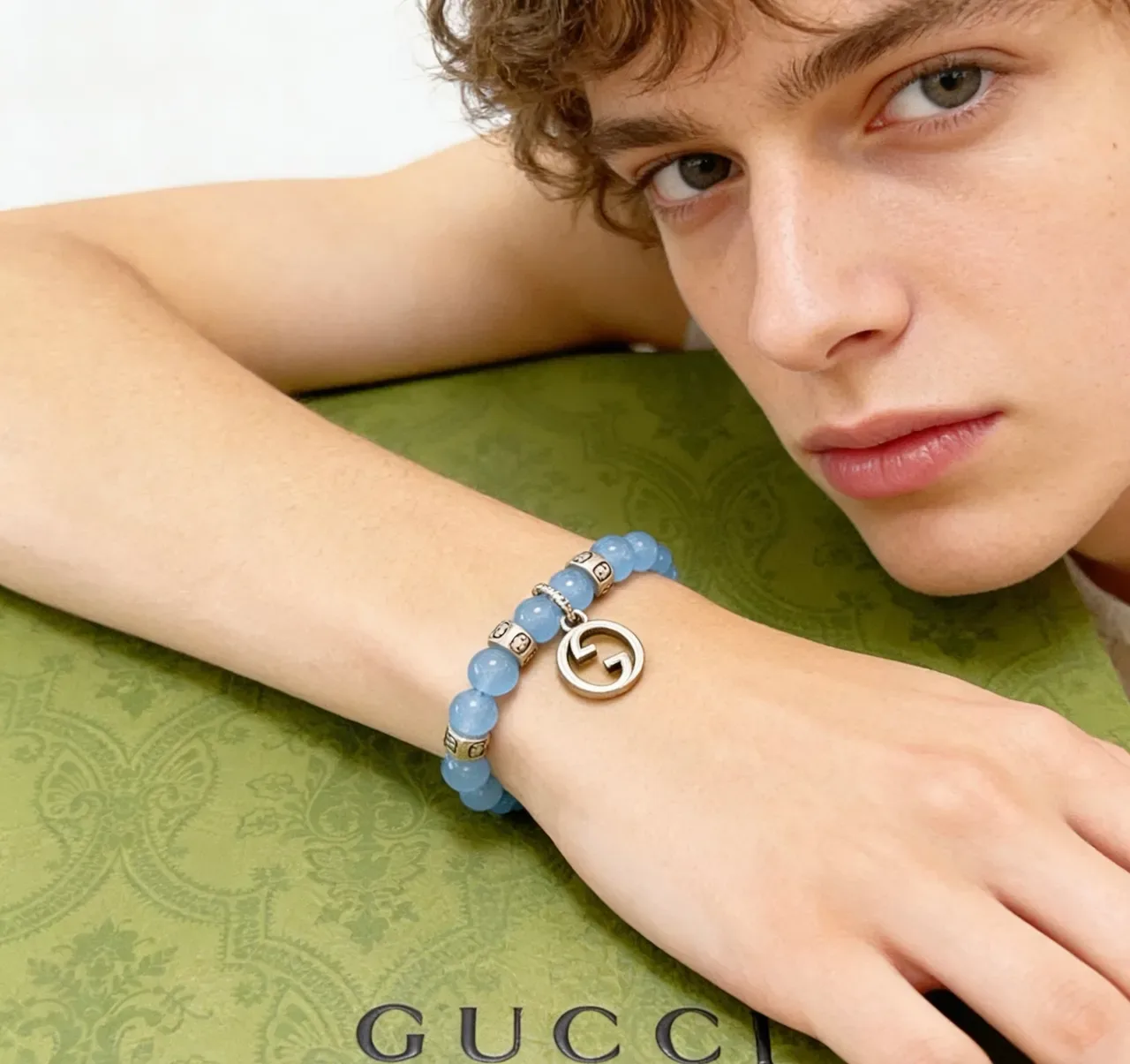 Gucci Blue Silver Beaded Interlocking G Pendant Bracelet 8