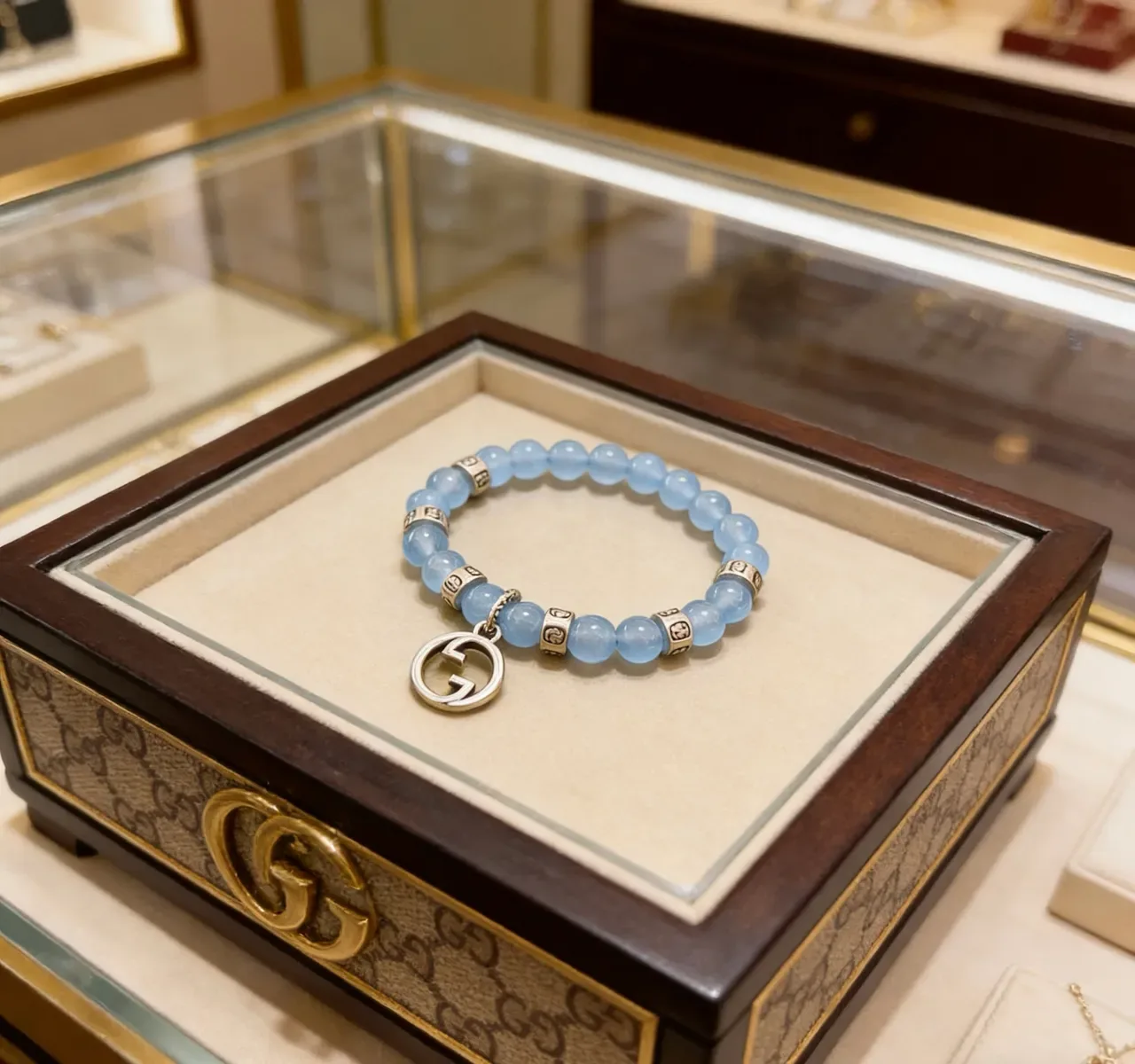 Gucci Blue Silver Beaded Interlocking G Pendant Bracelet 9