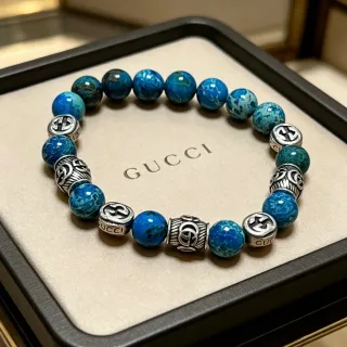 Gucci Blue Silver Beaded Metal Accents Bracelet