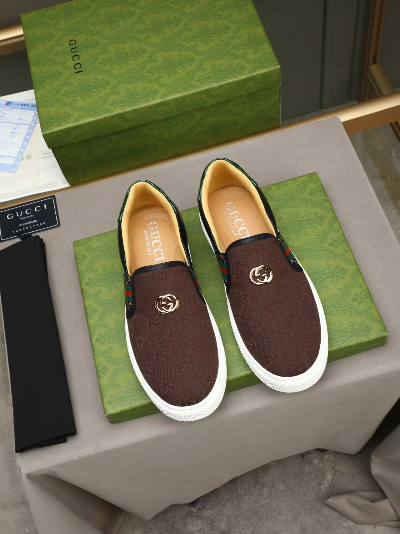 Gucci Brown Green Slip-On GG Monogram Canvas Lifestyle Sneakers 2