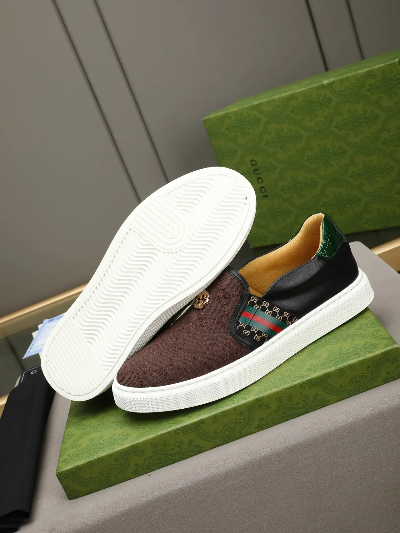 Gucci Brown Green Slip-On GG Monogram Canvas Lifestyle Sneakers 4