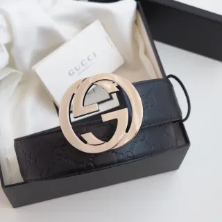 Gucci Double G Belt Black Gold Embossed GG Monogram Interlocking Buckle Leather Belt