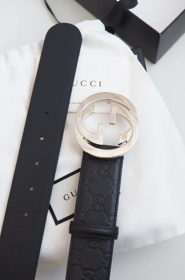 Gucci Double G Belt Black Gold Embossed GG Monogram Interlocking Buckle Leather Belt 2