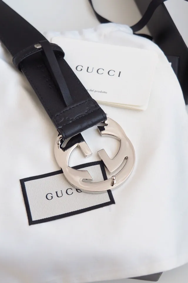 Gucci Double G Belt Black Gold Embossed GG Monogram Interlocking Buckle Leather Belt 3