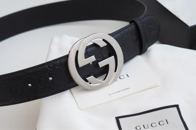 Gucci Double G Belt Black Gold Embossed GG Monogram Interlocking Buckle Leather Belt 4