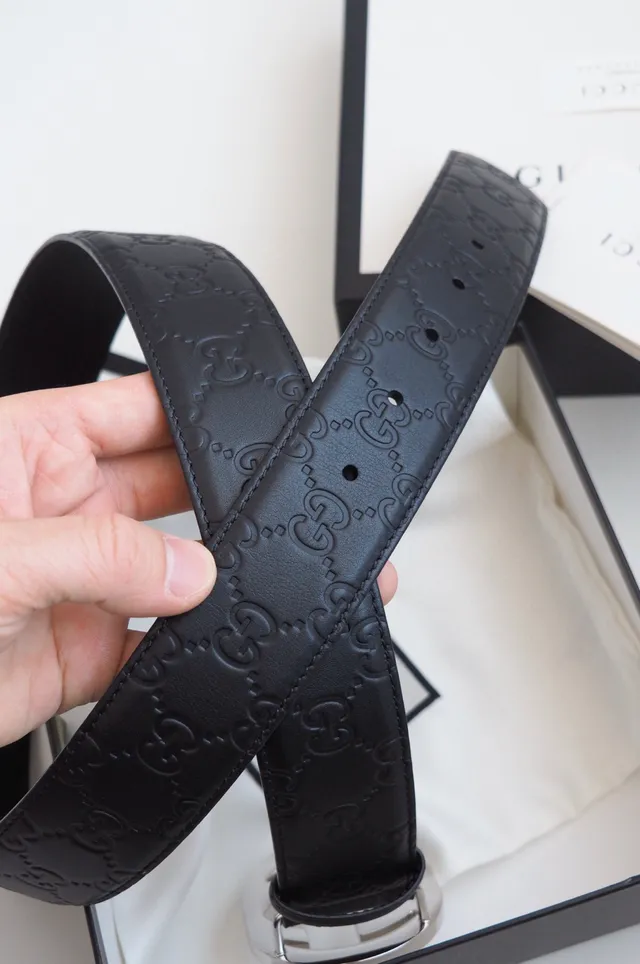Gucci Double G Belt Black Gold Embossed GG Monogram Interlocking Buckle Leather Belt 6